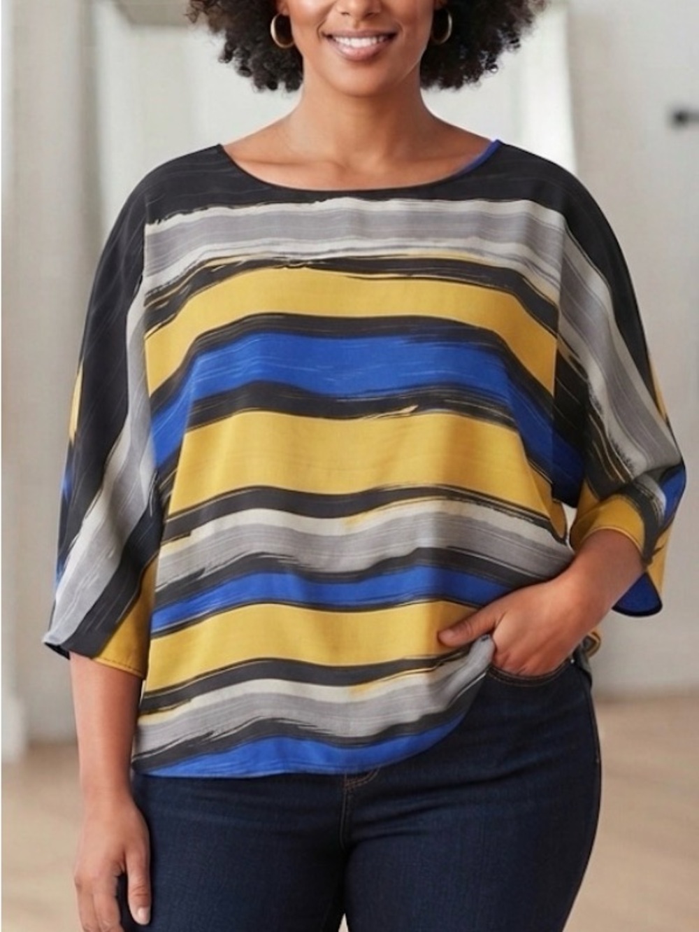 MICHAEL Michael Kors 100% Silk Bold Striped Kimono Sleeve Blouse Size 3X